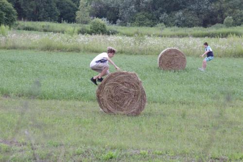 two children playing with hay in a field at Tó Wellness Hotel in Bánk