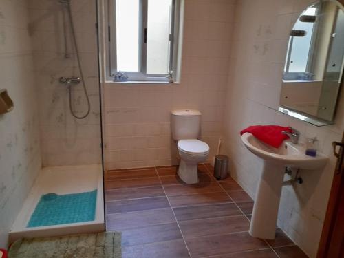 La salle de bains est pourvue de toilettes, d'un lavabo et d'une douche. dans l'établissement Dynesty B&B, à Birżebbuġa