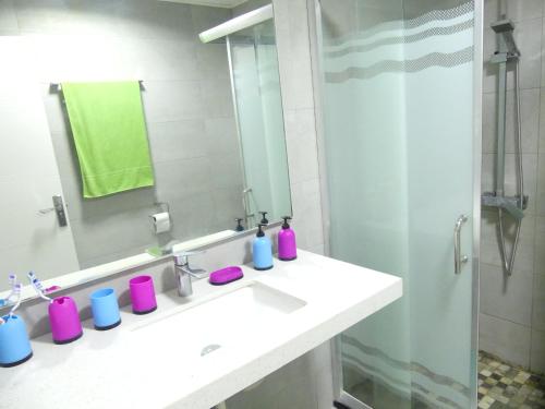格蘭貝伊的住宿－Aquamarine - Grand Baie - 4 chambres - Piscine，带淋浴和镜子的盥洗盆的浴室