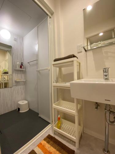 a bathroom with a white sink and a shower at 金閣京都 in Kyoto