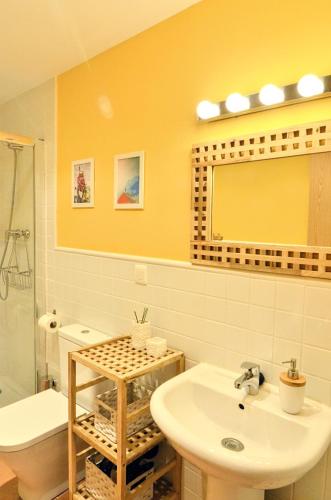 a bathroom with a sink and a toilet and a mirror at Apartaments la Rambla - L'Arrel - 4 persones in Cornudella