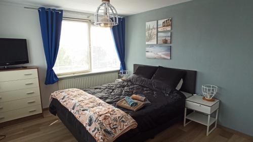 1 dormitorio con 1 cama, vestidor y TV en Breakfast at Carin’s, en Vlissingen
