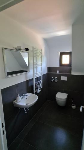 a bathroom with a sink and a toilet and a mirror at Warzalas Apartement in Bergkamen