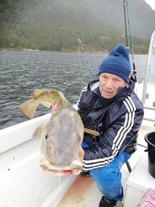 a man holding a large turtle on a boat at Norway Stabben Tour in Tustna