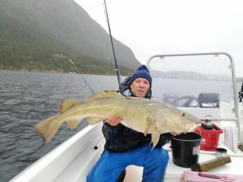 a man on a boat holding a large fish at Norway Stabben Tour in Tustna