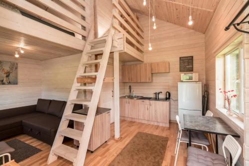 a loft bed in a tiny house at Дом LBerry Брусника у Ладоги in Sortavala