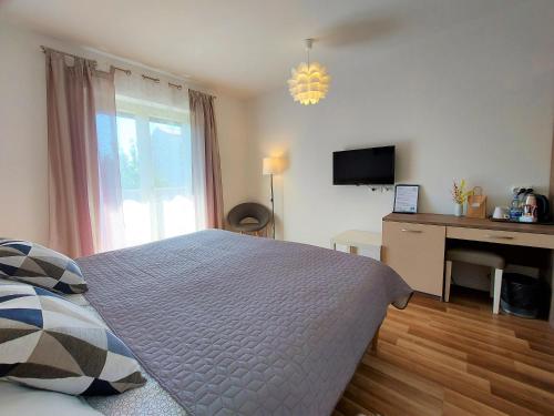 a bedroom with a bed and a desk and a television at Rooms and Apartments IstraSoley in Bale