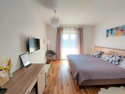 a bedroom with a bed and a flat screen tv at Rooms and Apartments IstraSoley in Bale