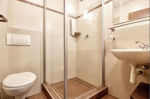 a bathroom with a shower and a toilet and a sink at Penzion Villa Alena in Velké Bílovice