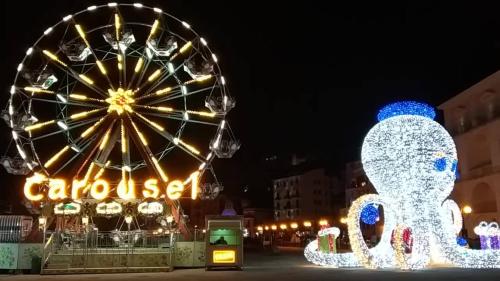 a ferris wheel and a christmas tree in front of a city at Il cielo in una stanza in Itri