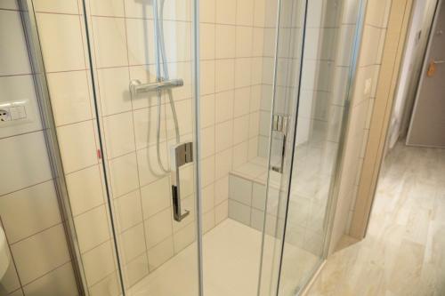 a shower with a glass door in a bathroom at Marigold Residence in Roseto degli Abruzzi