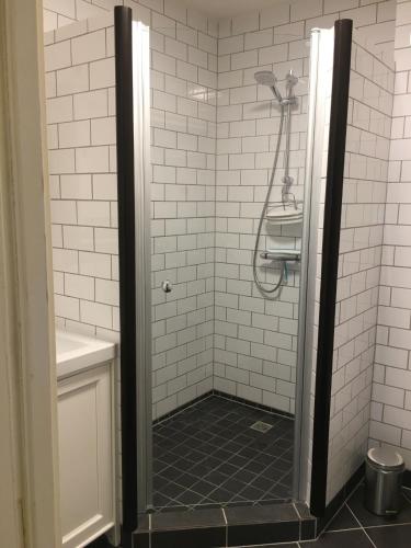 a bathroom with a shower with white tiles at B&B Haus Kristal in Walsdorf