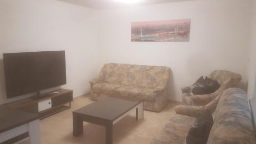 salon z kanapą i telewizorem w obiekcie Ferienhaus Esila w mieście Fieberbrunn