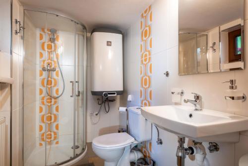 uma casa de banho com um WC, um lavatório e um chuveiro em Privat Mako em Trstené