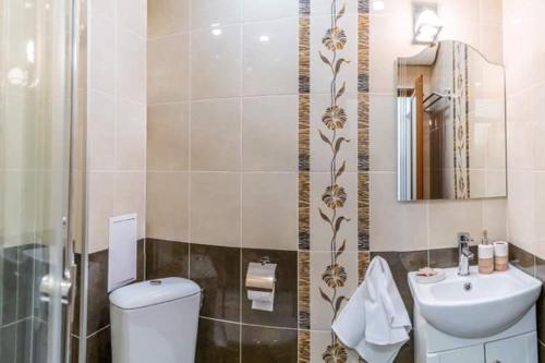 a bathroom with a toilet and a sink and a shower at Studio Anastasia in Sapareva Banya