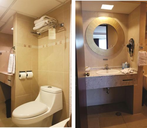 two pictures of a bathroom with a toilet and a sink at Best Western Toluca in Toluca