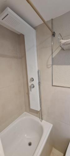 老虎城的住宿－Vivi Tigre Apart，白色的浴室设有水槽和淋浴。