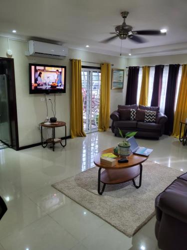 a living room with a couch and a tv at Maison Romantique in Kingston