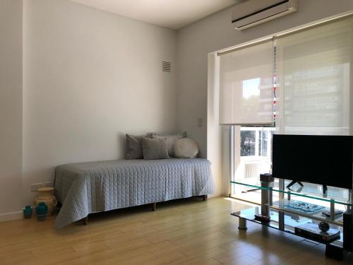 een slaapkamer met een bed en een flatscreen-tv bij Cozy Studio in Palermo Soho with security 24 hs in Buenos Aires