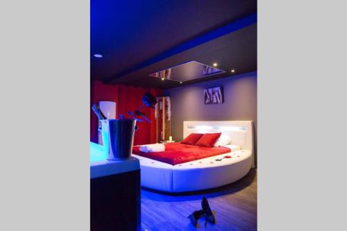 a bedroom with a bed with red pillows and a cat at Gîte Love Dream - Le Gîte Romantique in Ger