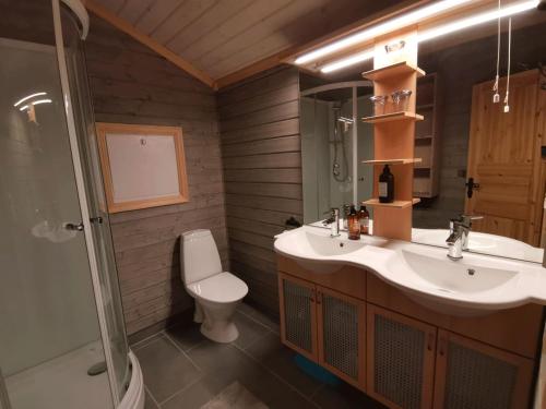 a bathroom with a sink and a toilet and a shower at Sundebu in Rauland
