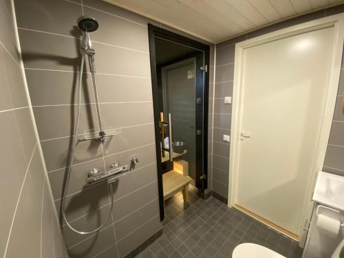 a bathroom with a shower and a toilet at Lake Resort Paljakka in Kotila