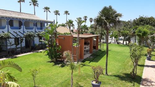 a garden with a house and palm trees at Apartamentos Hacienda Sajorami in Zahora