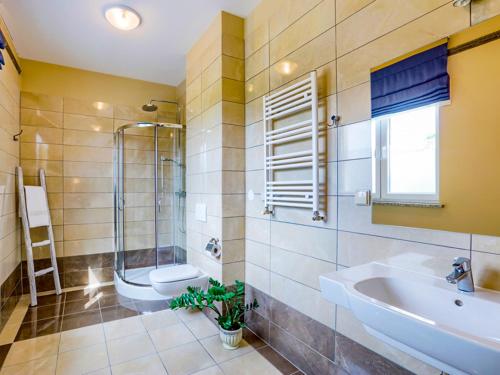 een badkamer met een wastafel, een douche en een toilet bij Hotel Magiczny Zakątek in Raszowa
