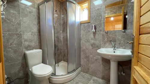 een badkamer met een douche, een toilet en een wastafel bij Tahtalı Göl Evleri in Emet