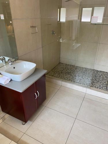 a bathroom with a sink and a shower at Farquhar Lodge in Ladysmith