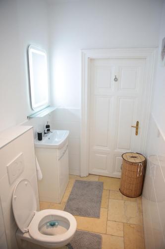 a white bathroom with a toilet and a sink at Heart of Vienna - City Apartment in Vienna