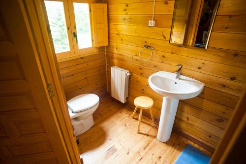 a bathroom with a white sink and a toilet at Cabañas aloños sociedad limitada in Aloños