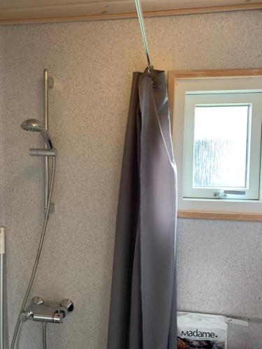 a shower curtain hanging on a wall in a bathroom at Thyborøn Cottages in Thyborøn