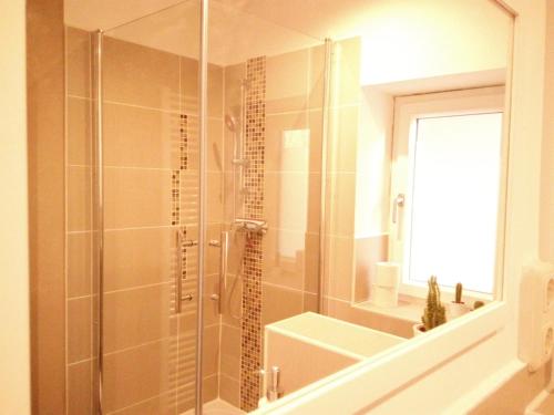 W łazience znajduje się prysznic ze szklanymi drzwiami. w obiekcie Ferienwohnung "Alte Druckerei" w mieście Eisenberg