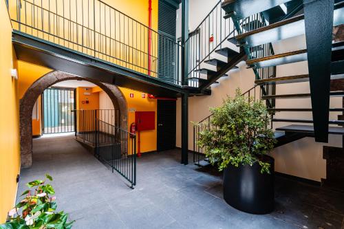 a hallway of a building with stairs and a potted plant at FLH Viola Market Flats in Funchal