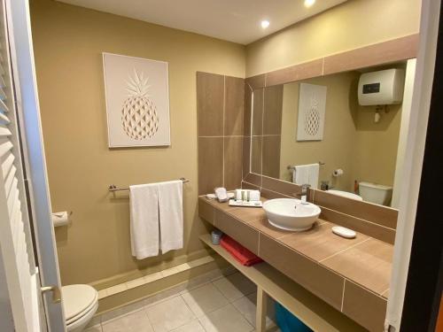 W łazience znajduje się umywalka, toaleta i lustro. w obiekcie Ocean Front studio , step to the beach w mieście Cul de Sac