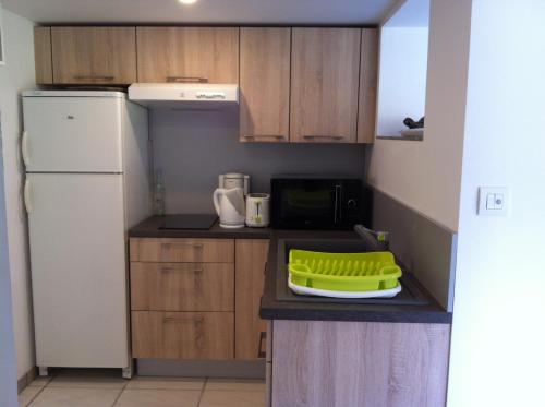 Elle comprend une petite cuisine équipée d'un réfrigérateur blanc et de placards en bois. dans l'établissement Chalet entre lac et volcan, à Murol