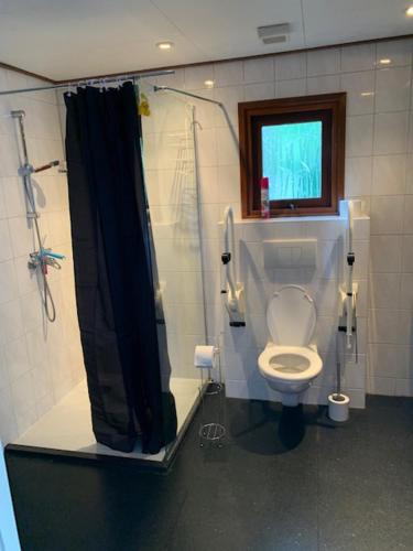 een badkamer met een toilet en een douchecabine bij Dubbele chalet op recreatiepark Topparken op de Veluwe in Beekbergen met grote vrije tuin en eigen parkeerplaats in Beekbergen