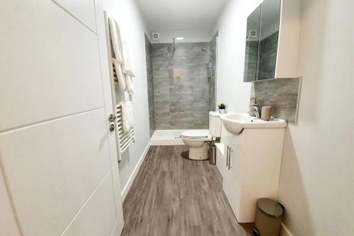 biała łazienka z toaletą i umywalką w obiekcie Town Centre 1 Bed, Close to the Beach with Parking w Bournemouth