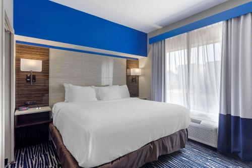 a large bed in a hotel room with a blue wall at Comfort Inn & Suites Memphis East in Memphis