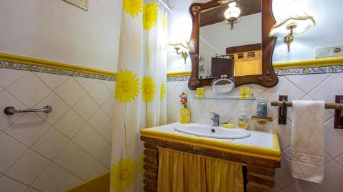 a bathroom with a sink and a mirror and a shower at Casa El Olivarito Jubrique by Ruralidays in Jubrique
