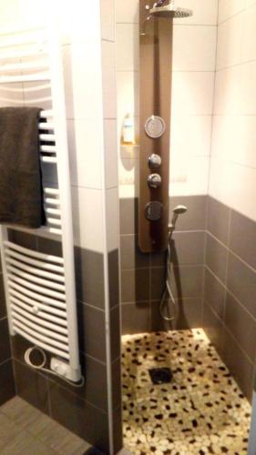 La salle de bains est pourvue d'une douche et de carrelage. dans l'établissement BISCADODO, joignable au zéro6trente53cinquante60, à Biscarrosse