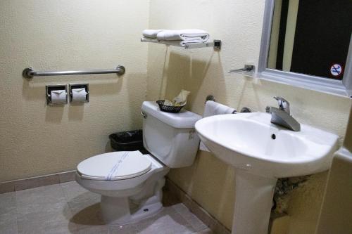 La salle de bains est pourvue de toilettes blanches et d'un lavabo. dans l'établissement Hotel Santa Irene Guadalajara, à Guadalajara