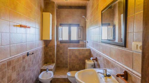 bagno con lavandino, servizi igienici e specchio di Villa el Establo Montefrio by Ruralidays a Montefrío