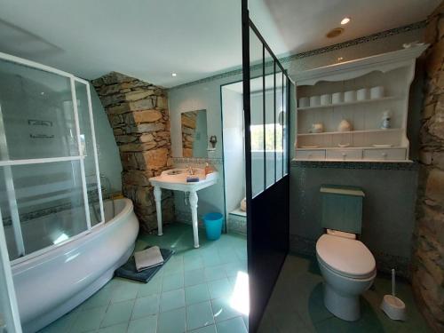 y baño con bañera, aseo y lavamanos. en Chambre d'hôtes LES LOUVES, en Saint-Paul-des-Fonts