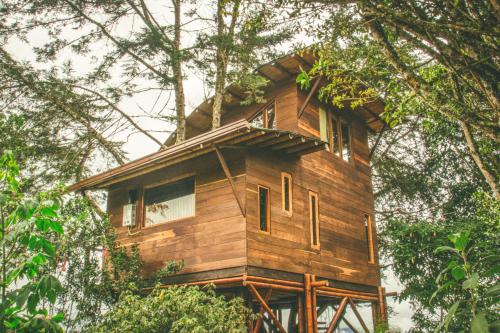 a tree house in the middle of some trees at La Gloria Reserva Forestal in La Calera