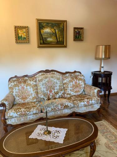 a living room with a couch and a table at Dwór na Wrzosowisku in Cisna