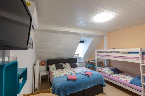 a bedroom with two bunk beds and a flat screen tv at Gasthof Altes Hammerherrenhaus in Übelbach