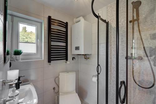 a bathroom with a shower and a toilet and a sink at Domek całoroczny in Tylicz