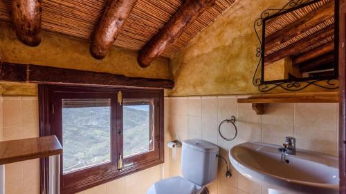 a bathroom with a toilet and a sink and a window at Finca Algarabia Competa by Ruralidays in Cómpeta